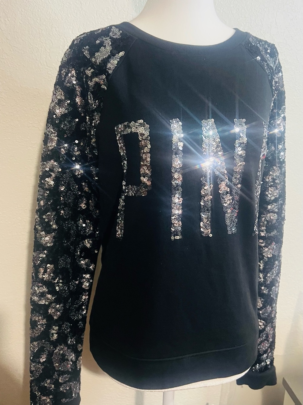 PINK Victoria's Secret Black Sequin Logo Pullover - Picture 2 of 4